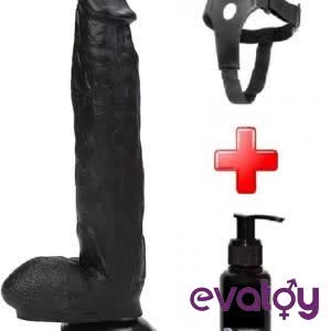 Evatoy 31 cm Siyah Büyük Boy Realistik Vantuzlu Dildo Penis Kemer Kayganlaştırıcı Set