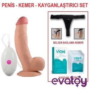 Evatoy 21,5 cm Belden Bağlamalı Titreşimli Realistik Dildo Penis Set